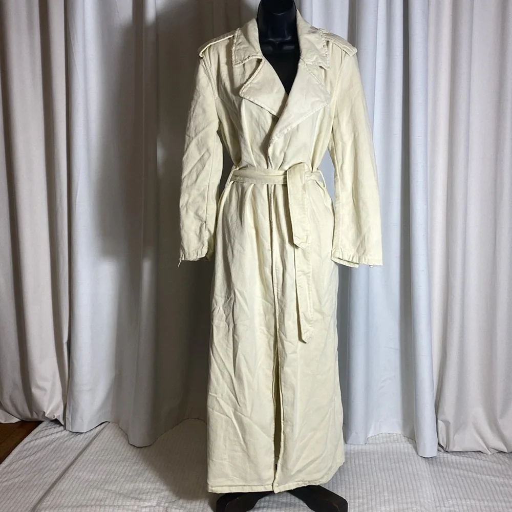 Zara Oversized Cream/Ecru Distressed Tie Waist Belted Cotton Trench Coat, NWT XS - Picture 4 of 6
